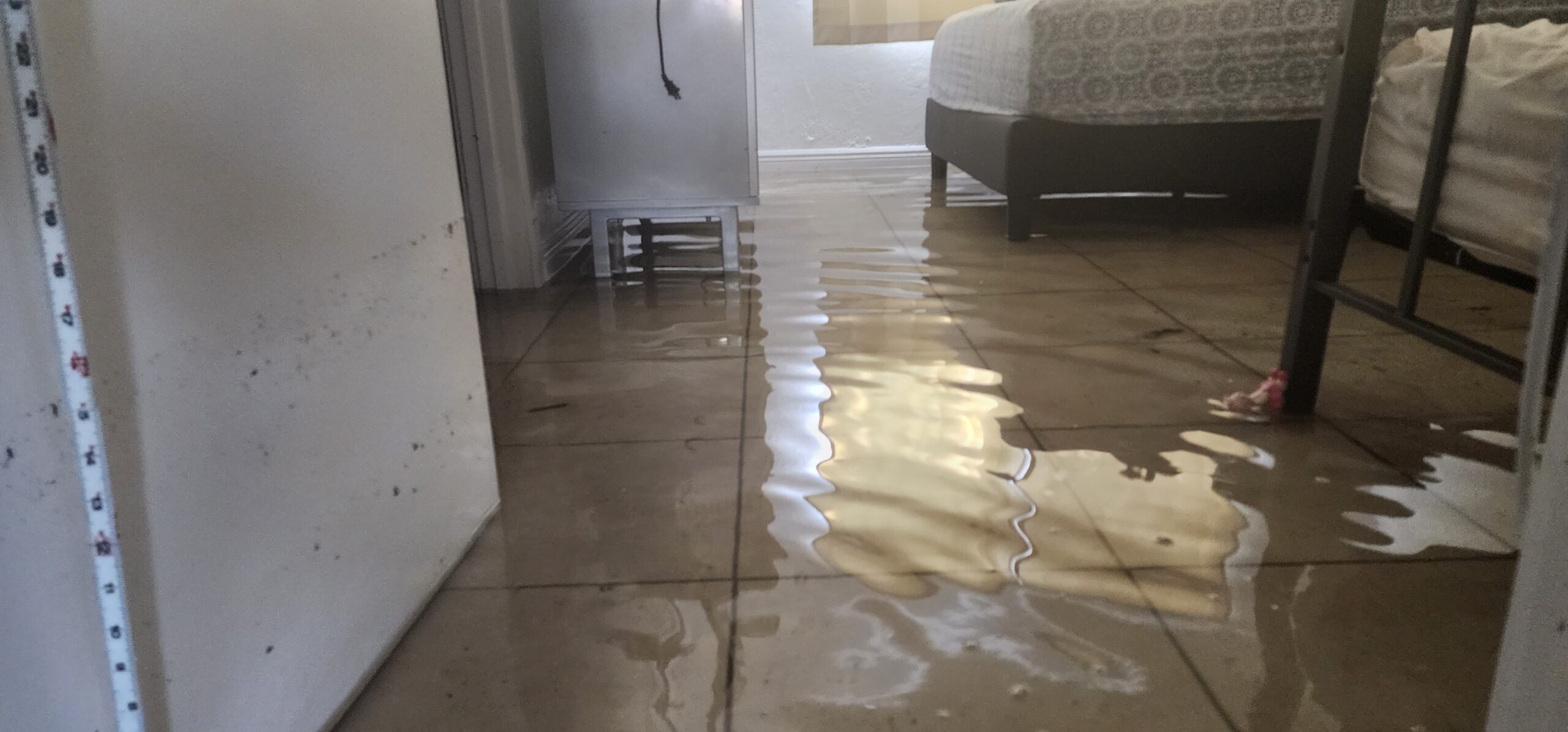 Interior flooring and walls showing standing water damage after flood event; part of multi-unit community damage assessment.